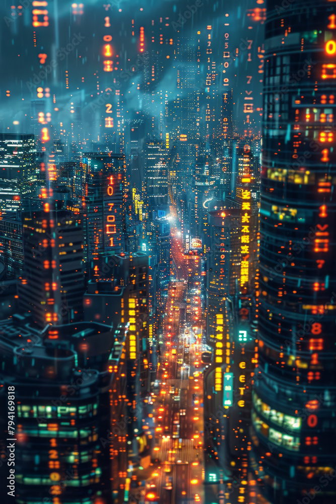 Aufkleber A background of cascading binary code that morphs into a cityscape, symbolizing the digital foundati