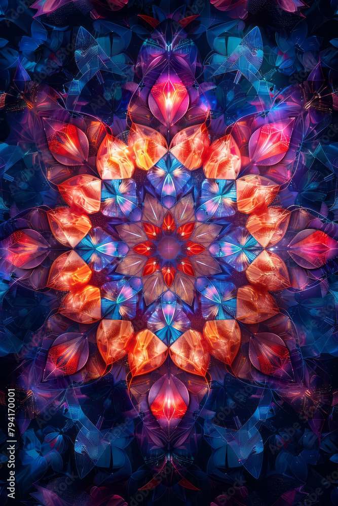 Poster a digital kaleidoscope background, where geometric patterns rotate and evolve, offering a hypnotic v