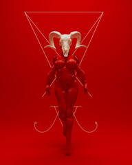 Lucifer red woman white goat skull voluptuous demon devil black magic symbol red background 3d illustration render digital rendering	
