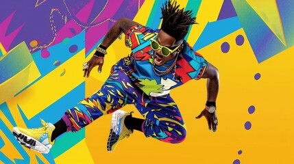 African American man with dreadlocks in a bright multi-colored tracksuit in retro 80s style
