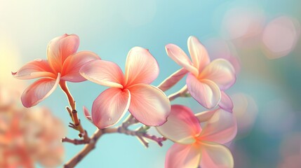 Vibrant plumeria blossoms basking in soft sunlight