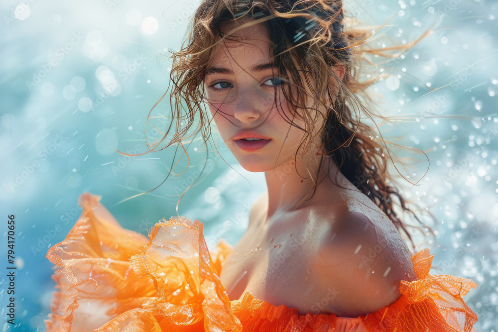 Poster a fashion catalog where the models are set against watercolor-painted scenes that complement the col