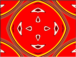 Abstract, red and yellow pattern with symmetrical features suggesting eyes and teardrops. within a border