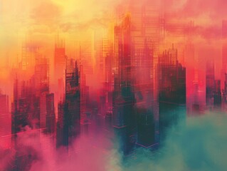 Surreal futuristic city in Vibrant color gradient vith abstract architecture