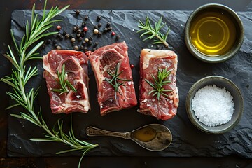 Stylish Arrangement of Raw Lamb Chops and Fresh Herbs