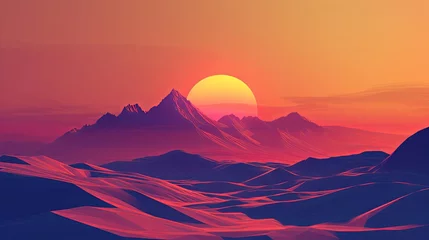 Wandcirkels tuinposter Vibrant sunset over digital mountains landscape with warm colors © volga