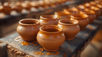 Rows of newly crafted terracotta pots glisten in the sunlight, exhibiting the fresh and fine craftsmanship of pottery work.