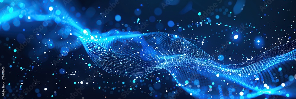 Poster Abstract blue digital background with glowing dots and mesh, representing the concept of data technology.
