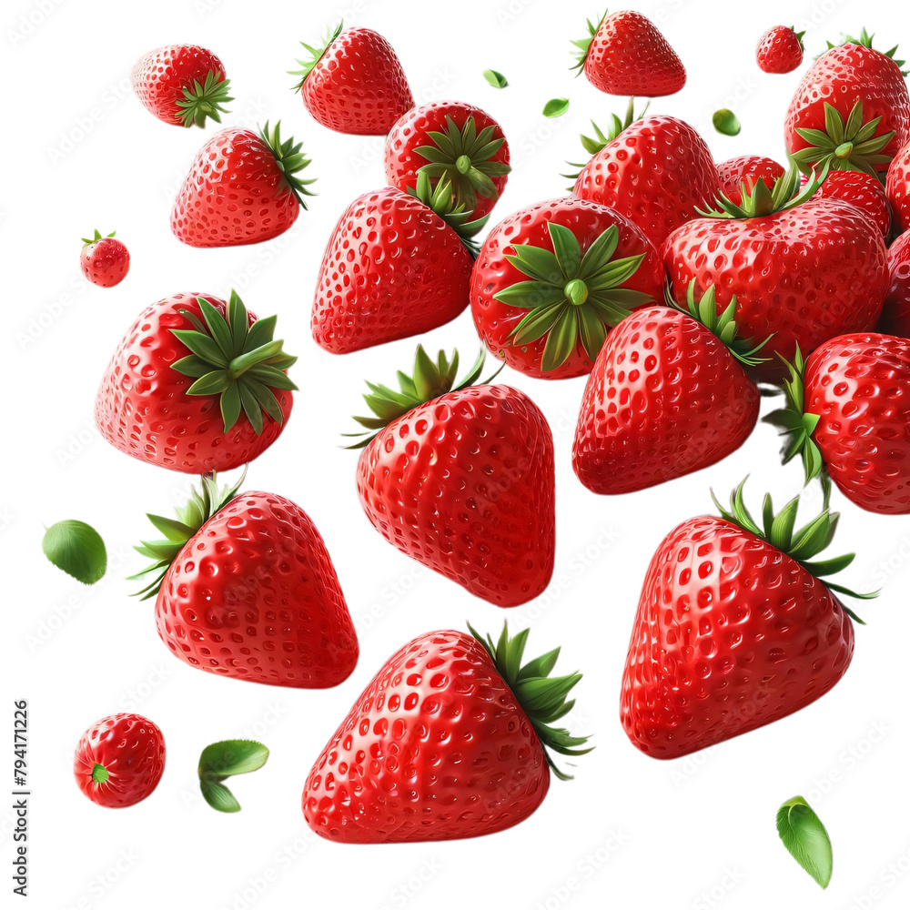 Poster a high-resolution image of multiple ripe strawberries scattered randomly with a transparent backgrou