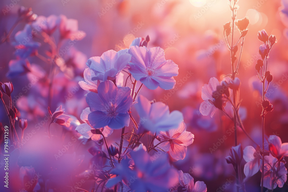 Fototapete a field of flowers that creates a natural gradient, starting with deep violet at one end and fading