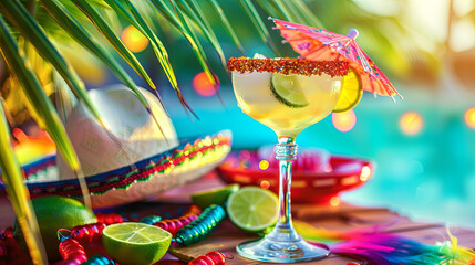 Vibrant tropical cocktail with festive decorations and pool background