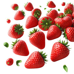 A high-resolution image of multiple ripe strawberries scattered randomly with a transparent background