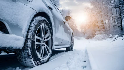 Fototapeten car tire encrusted with snow, showcasing its recent journey or the vehicle's impressive capability to traverse snowy conditions. © @ArtUmbre