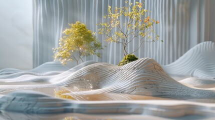 The image shows two small trees on a white sand dune. The trees are green and yellow, and the sand dune is white. The background is a white wall with a curtain.