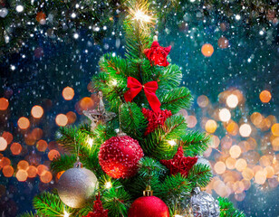 Christmas Tree With red balls Baubles And Blurred Shiny Lights