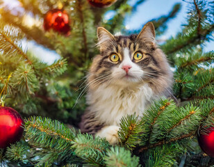cat climbed inside the green christmas tree and sit on pine branch