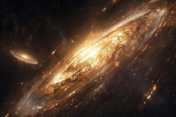 Galaxy collision, merging star systems, dynamic cosmic event, universe evolution - obrazy, fototapety, plakaty