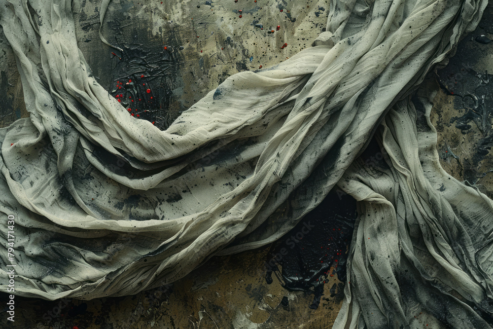Poster a figurative piece where cloth textures are achieved through a combination of blotting and lifting p