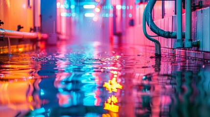 Futuristic corridor with neon lights and reflective water puddles