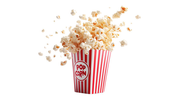 A high-resolution, widescreen of popcorn flying out of a red and white striped popcorn cup on a transparent background