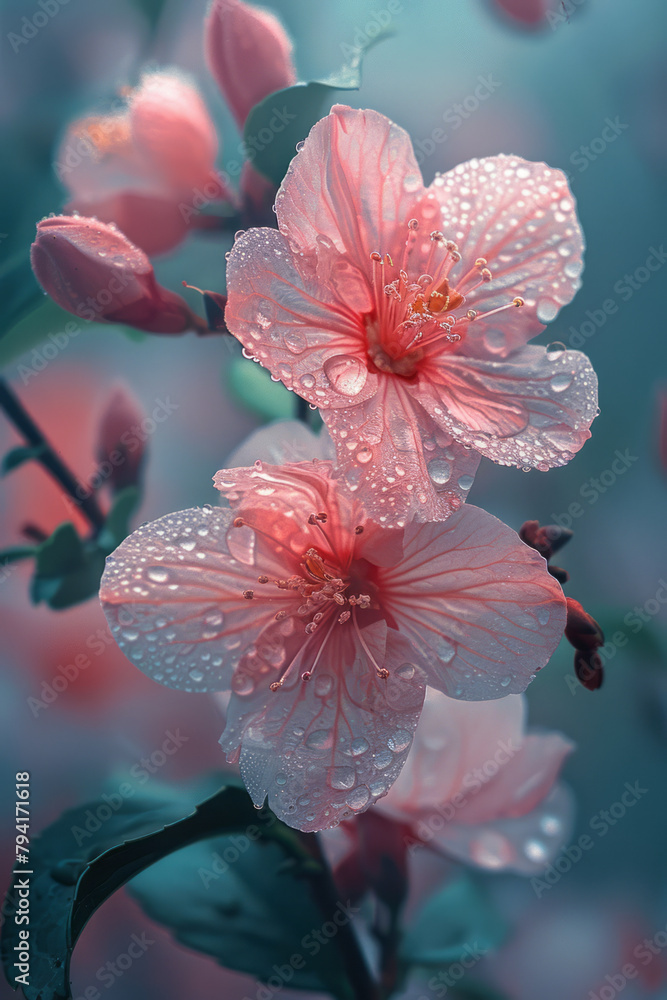 Poster a floral scene where scumbling adds a soft, ethereal quality to the petals, suggesting dew and a sof