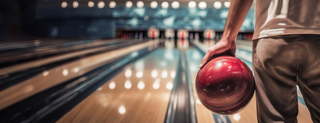 Close-up of a man holding a shiny red bowling ball, poised for action. The alley and awaiting pins are softly focused in the background, lights glowing. Panorama with copy space. - obrazy, fototapety, plakaty
