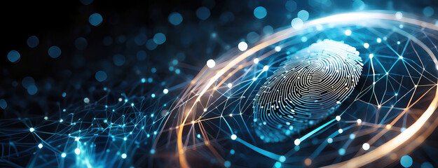 A biometric fingerprint intertwined with digital nodes and connections. This representation suggests high-tech security and advanced identification methods. Panorama with copy space.