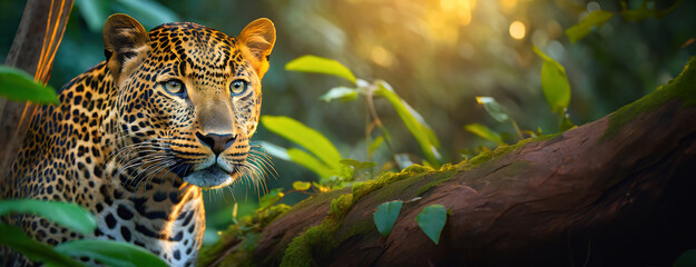 Alert leopard with piercing gaze amongst the dense jungle foliage. The predator's attention is fixed, with the sun casting light on its spotted coat. Panorama with copy space.