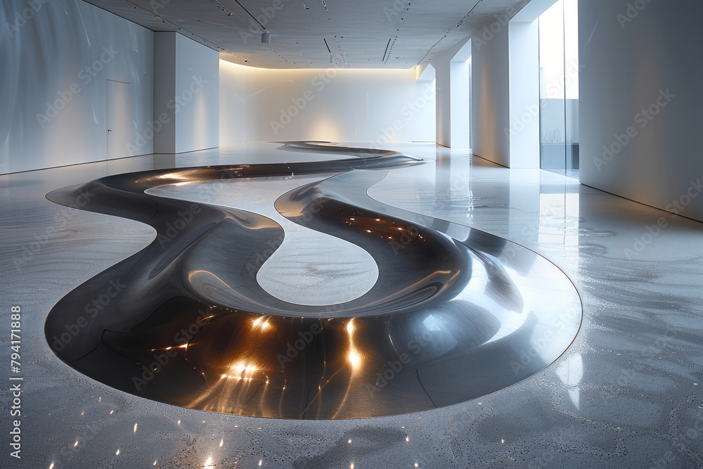 Poster a gallery where floors are designed to tilt gently in response to weight distribution, subtly alteri