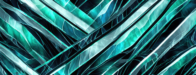 An abstract digital art of teal and black shards resembling ice. The composition gives a sense of cool fragmentation. Interlock in a chaotic yet harmonious pattern. Panorama with copy space.