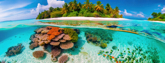 Panoramic view of a tropical island showing a vibrant underwater coral reef. The clear blue waters reveal a diverse ecosystem along the sandy beach. Background with copy space.