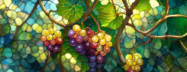 Clusters of grapes in a stained glass artwork, showcasing a blend of colours. The detailed leaves add depth to the piece. Viticulture-themed art.