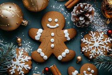 A gingerbread man is surrounded by snowflakes and other cookies. The scene is festive and cheerful, perfect for the holiday season