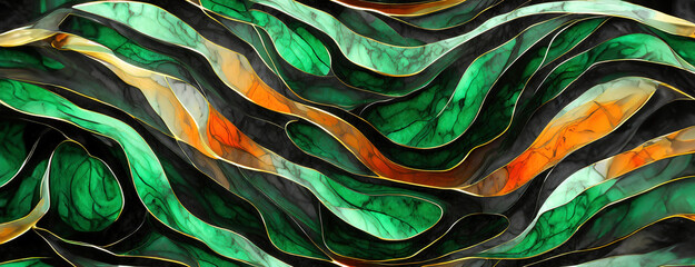Verdant Waves Mingle with Marbled Golden Streaks on Canvas. Curvaceous layers of green and gold meander, creating a serene marbled effect. Panorama with copy space.
