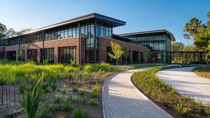 A large building with a brick facade and a green lawn