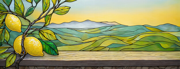 Stained glass panel depicting lemons on a tree with landscape. Art piece exhibits citrus on branches against a scenic backdrop.
