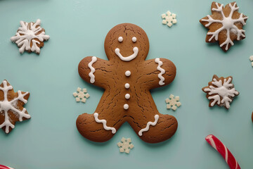 A gingerbread man is surrounded by snowflakes and other cookies. The scene is festive and cheerful, perfect for the holiday season