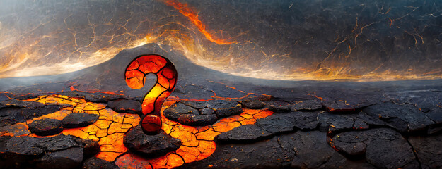 Artistic rendition of a volcanic landscape with a question mark. Illustration combines a lava field and inquisitive symbol, suggesting mystery and exploration.