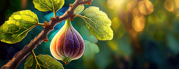 Digital illustration of a ripe fig hanging on a branch. Single fruit in a natural setting, highlighted by sunlight.