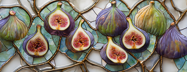 Stained glass fig fruits background. Artistic representation, colors and shapes are meticulously...