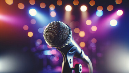 A microphone on stage, in focus against a background with a bokeh lighting effect