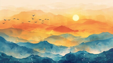 Ethereal sunrise over misty mountain landscape with flying birds - obrazy, fototapety, plakaty