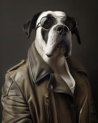 A charismatic Saint Bernard dog posing as a boss, proud and confident, dressed like a masculine and tough human gangster, a strong and powerful leader