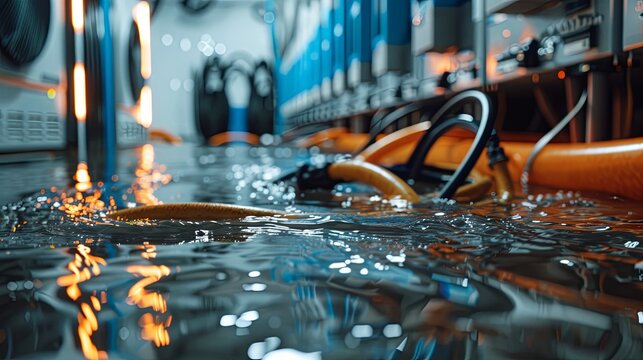 Water damage in a server room with electrical cables
