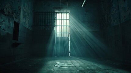 Mysterious abandoned prison cell with sunlight rays