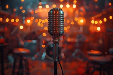 Classic microphone with bokeh light background