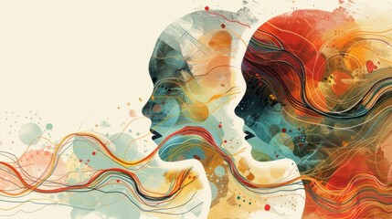 Two watercolor painted head profiles facing each other with colorful abstract waves flowing from them.