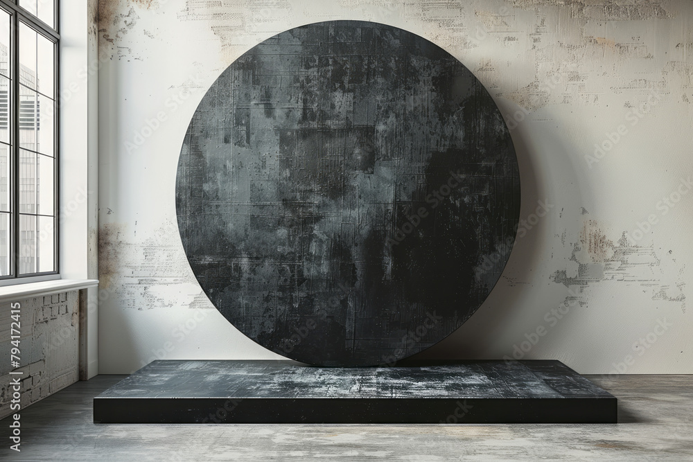 Poster a large, circular canvas painted in a deep, matte black, centered on a textured white wall to emphas