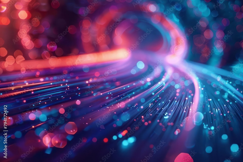 Poster Close-up of fiber optic cables transmitting pulses of light, data flow visualization