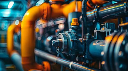 Industrial pipework with vibrant colored machinery in a factory setting